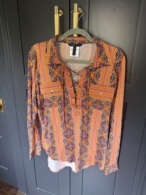 BCBGMaxAzria Multicolor Printed Blouse with Orange and Blue Accents